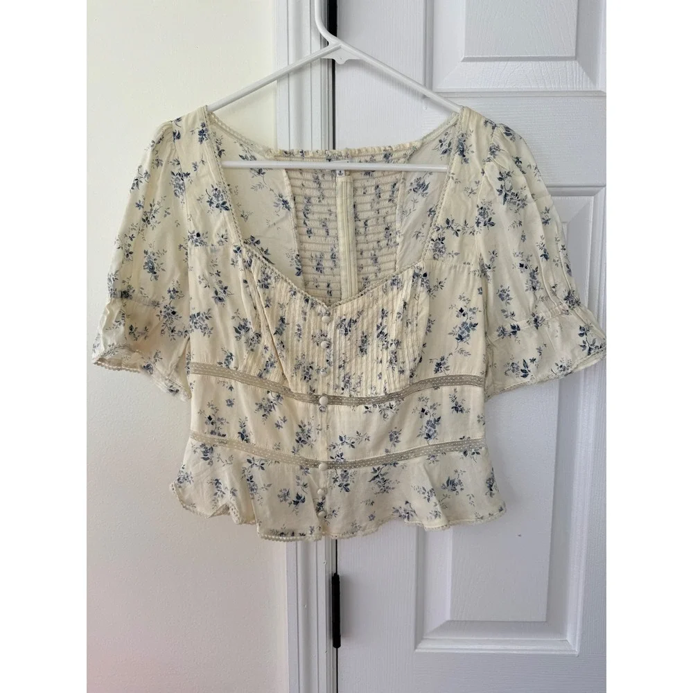 Reformation Cream Floral Square-Neck Peplum Blouse
